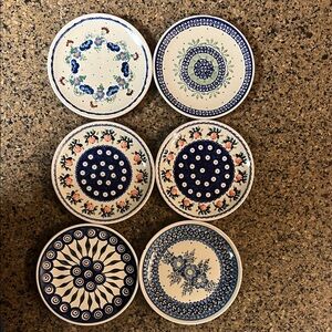 Set of Six Blue and White Patterned Polish Pottery Salad/Dessert Plates